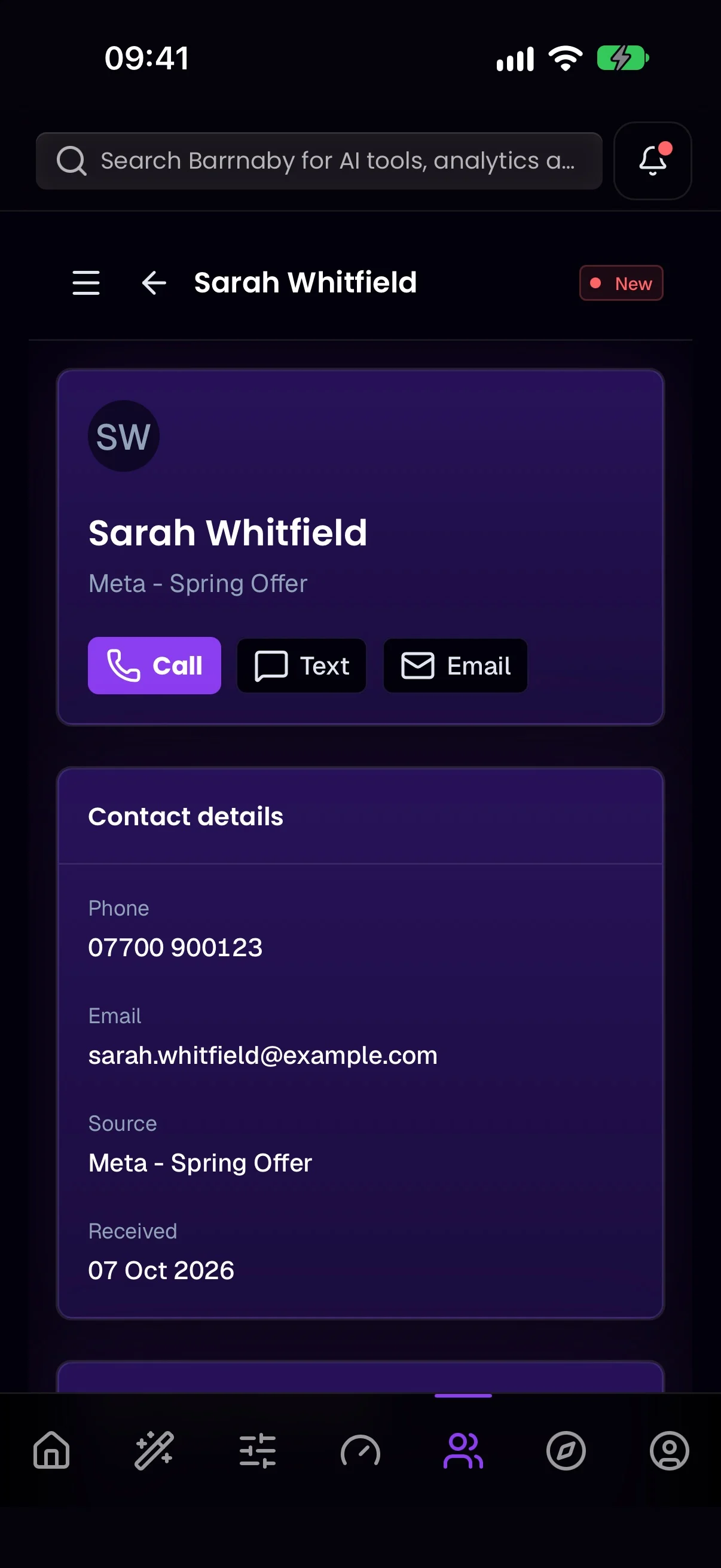 A lead's page in the Barrnaby app
