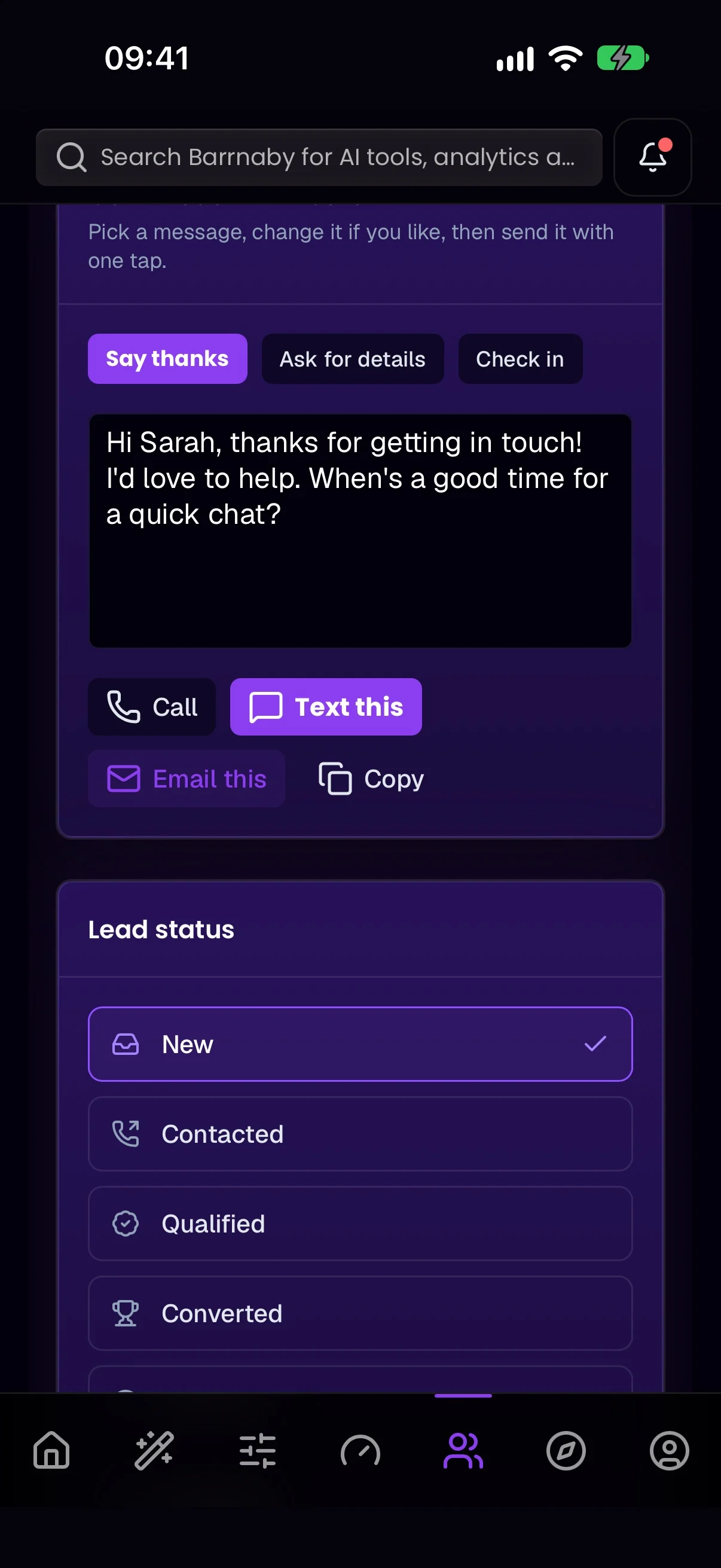 A lead with a ready-made message and Call, Text and Email buttons